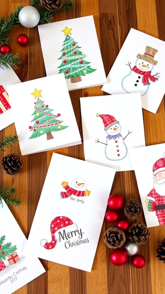 Hand-drawn Christmas cards with festive designs on a wooden table surrounded by holiday decorations.
